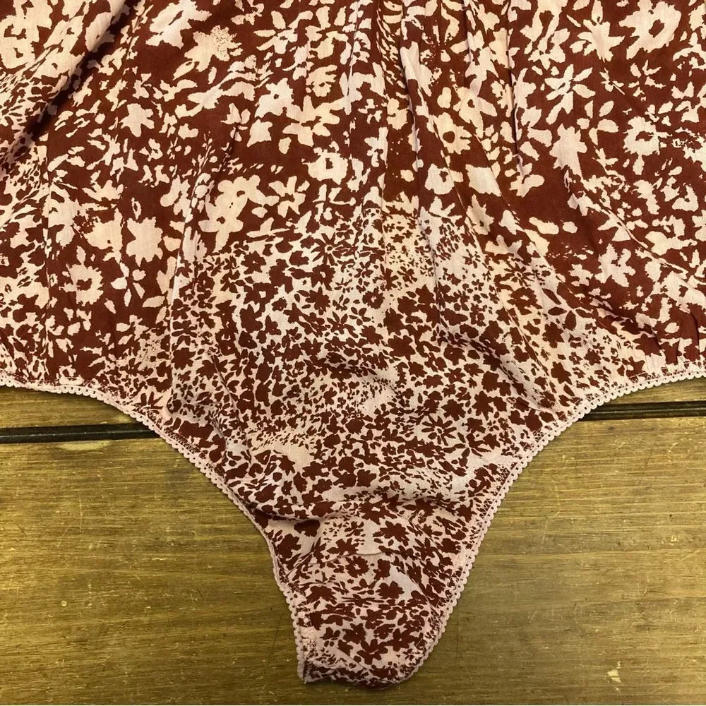 Free People Intimately Red Be Kind Bodysuit Size Medium Pink Floral Ties NWOT